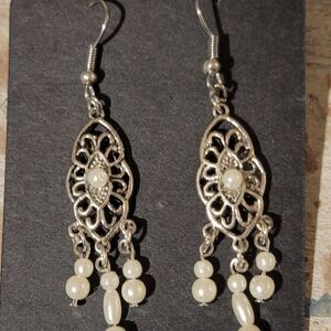 Ornate Silver and Cream Dangle Earrings
